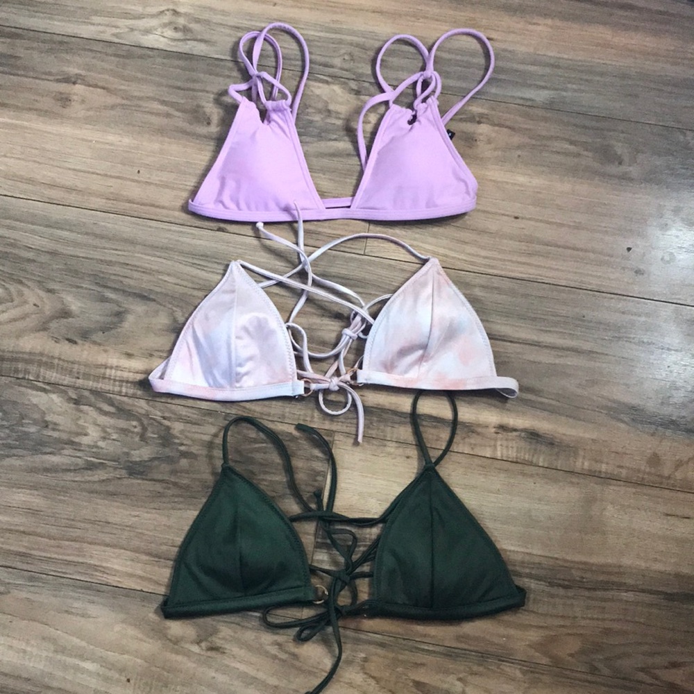 L.A Hearts 3 bikini triangle tops pink, tie dye, forest green